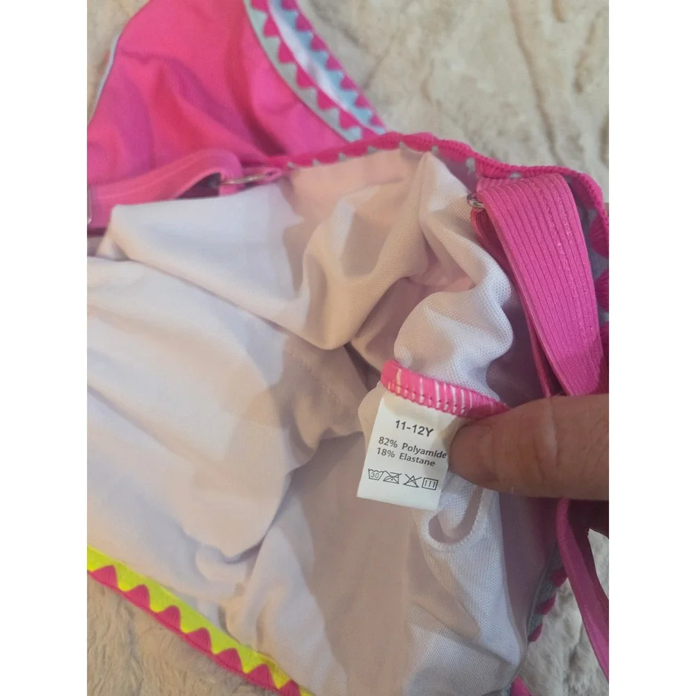 Girls Pink Ribbed One Piece Swimsuit Ric Rac Trim Adjustable Straps Size 11-12Y
